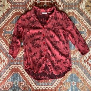 Unique red blouse with black florals-size xs-EUC